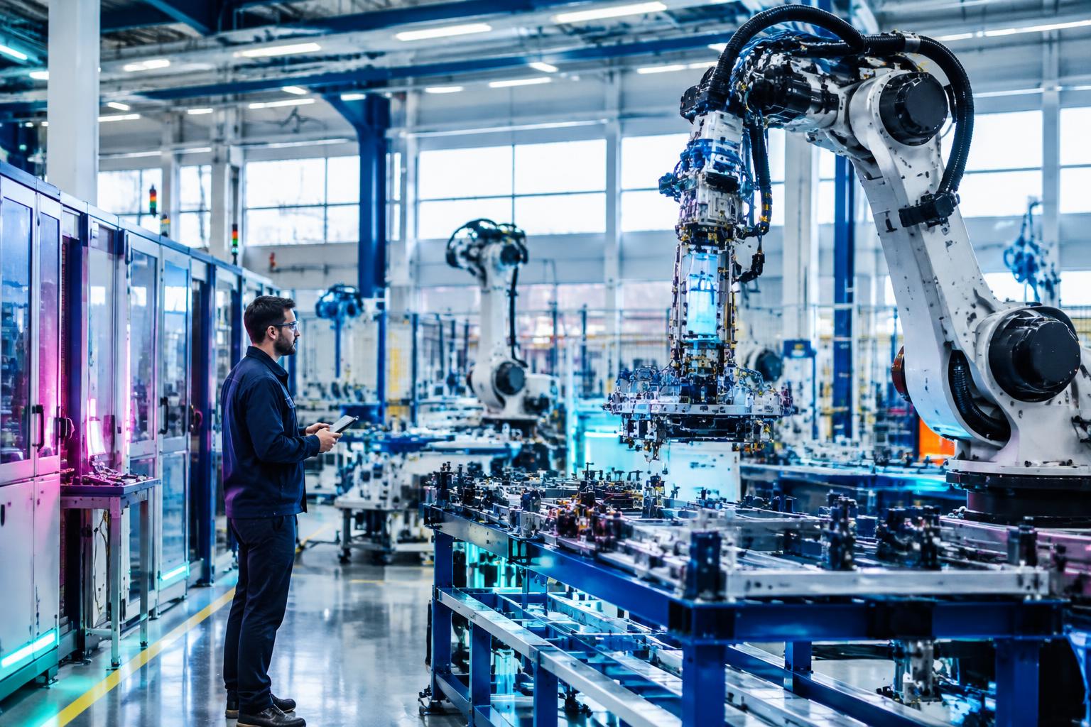 Engineer supervising robotic advanced manufacturing